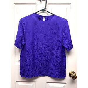 Laura & Jayne Blouse 100% Silk Purple Floral Jacquard Vintage Style Size S